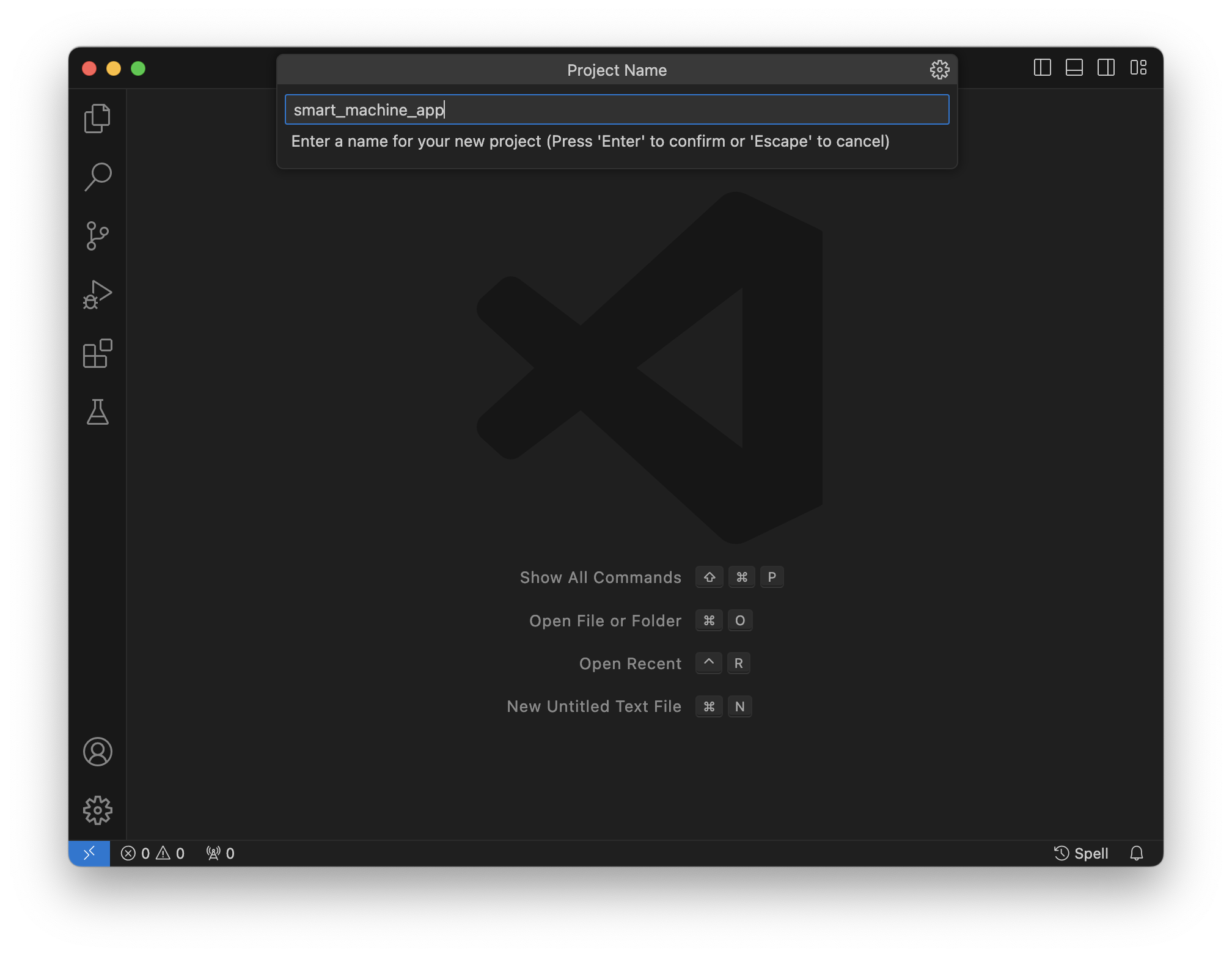 Entering the name for the project in VS Code: 'smart_machine_app'.