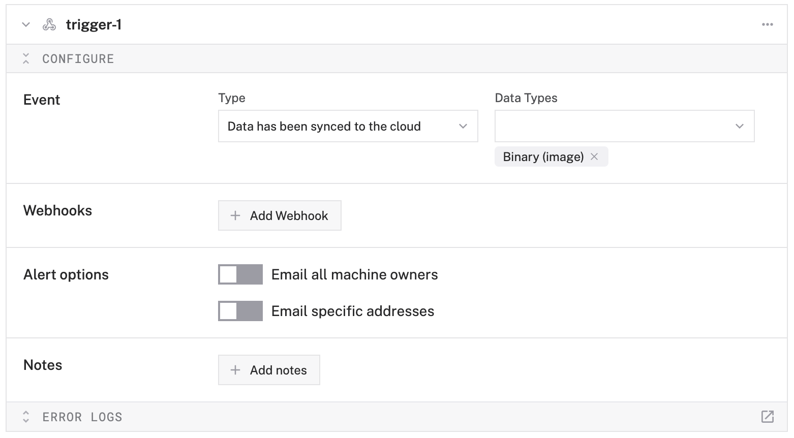 The trigger created with data has been synced to the cloud as the type and binary (image) as the data type.